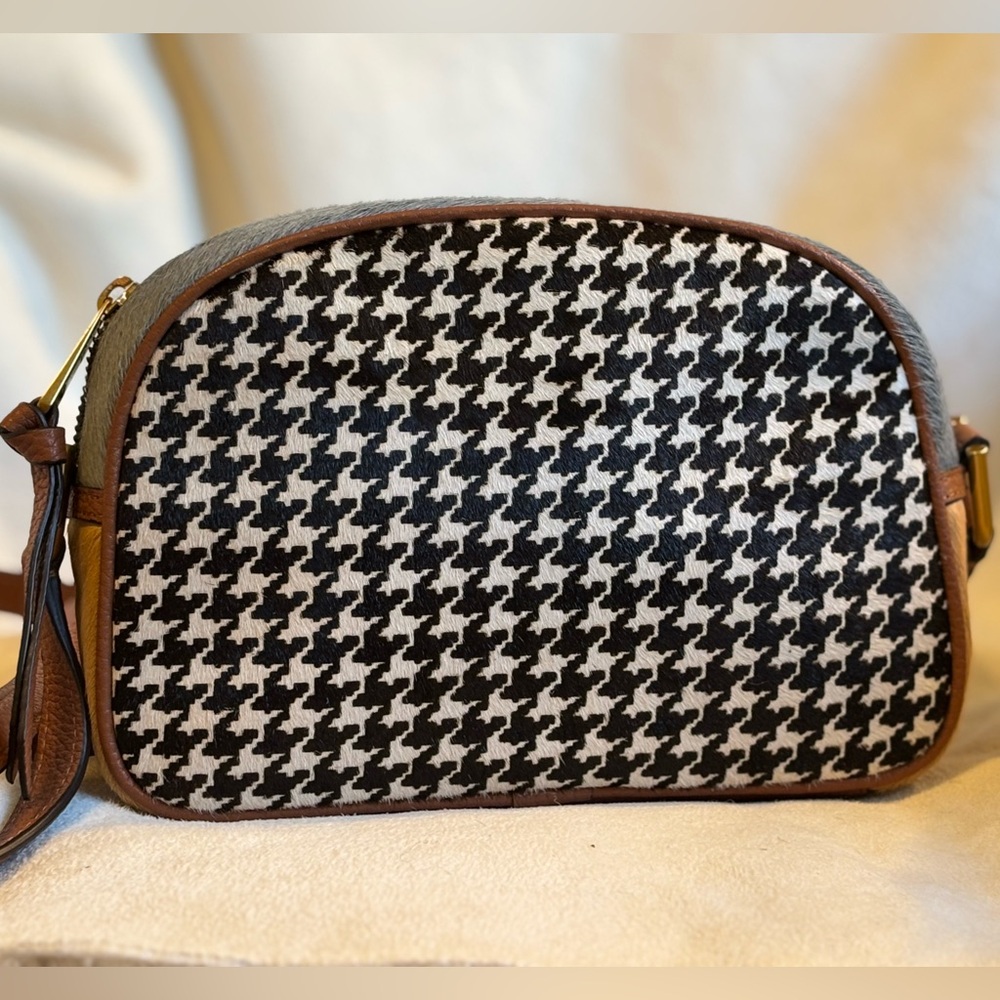 J Crew Devon Houndstooth Calf Hair Pebbled Leather Crossbody Camera Bag Like New - Picture 4 of 11